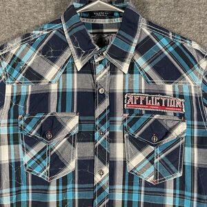 Affliction Shirt Mens Medium Blue Plaid Long Sleeve Button Up Y2K Patches Skull
